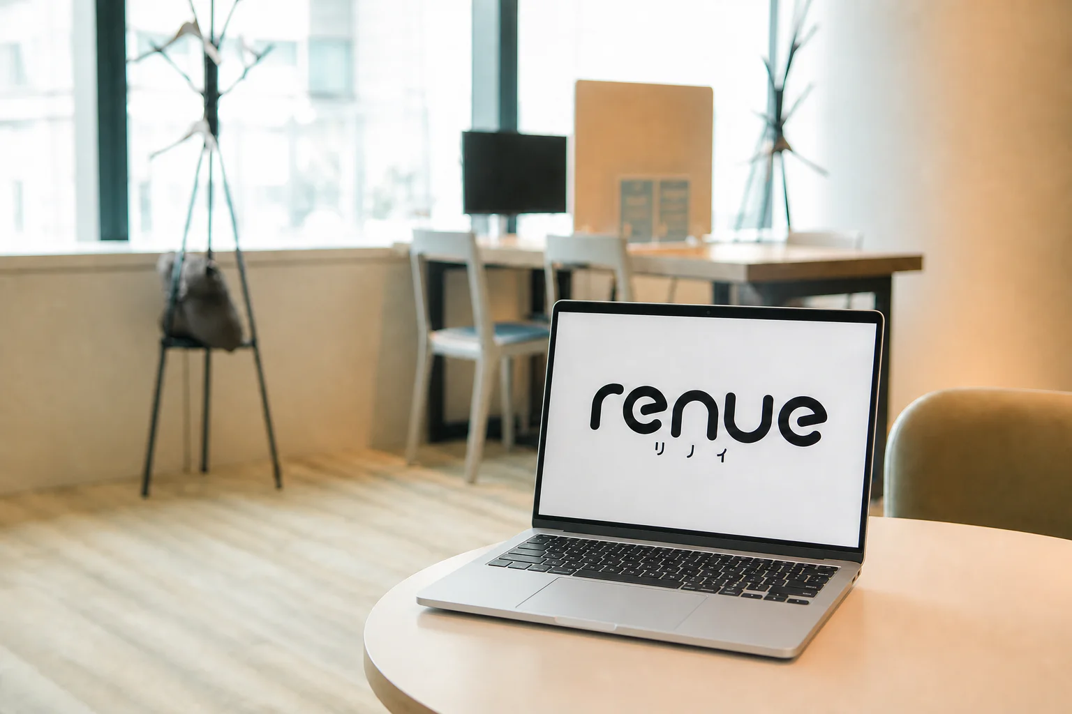 renueのロゴを表示したMacBookのあるオフィス