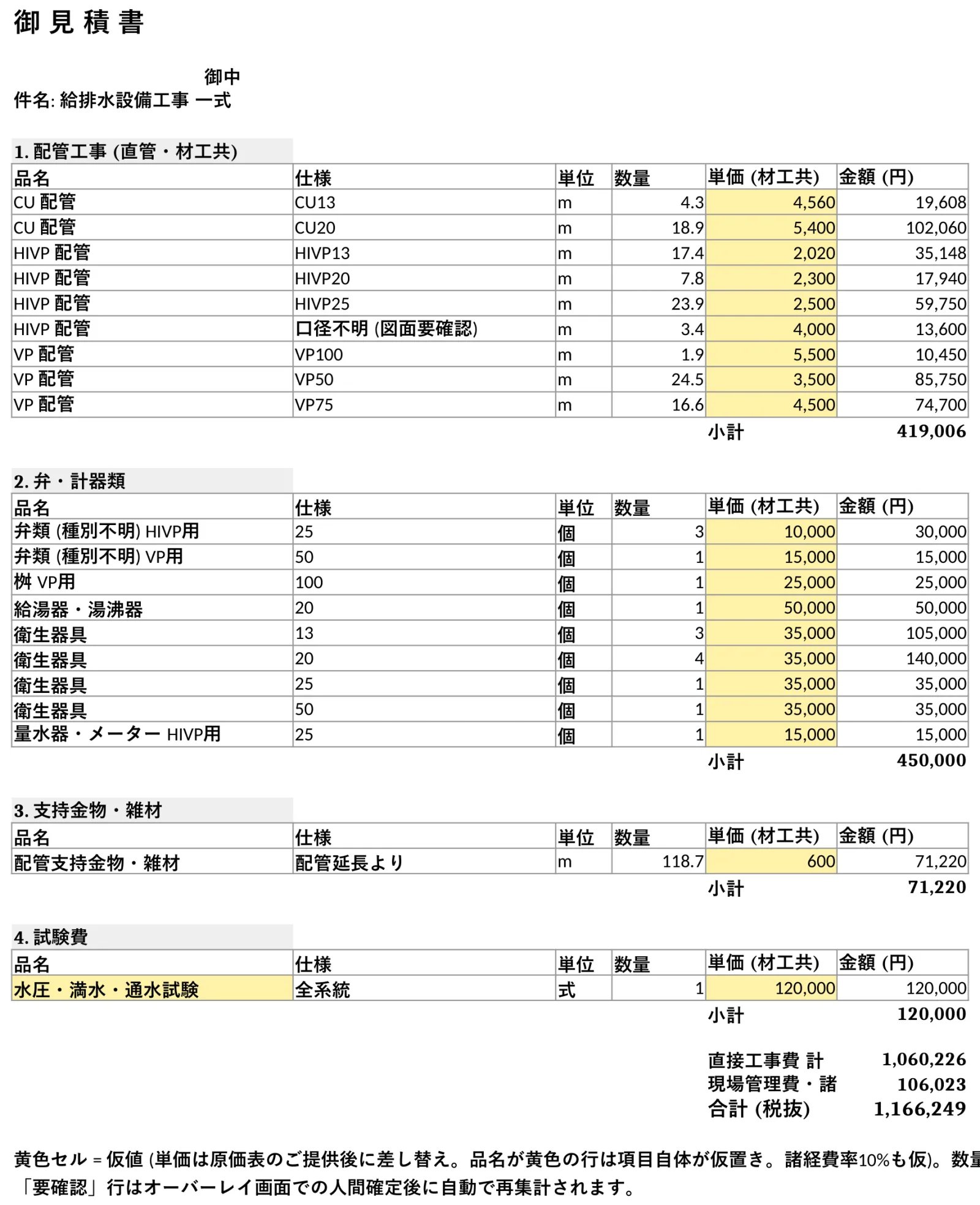 架空のサンプル給排水設備図面から生成した概算見積書。実測値は白セル、仮単価は黄色セルで表示